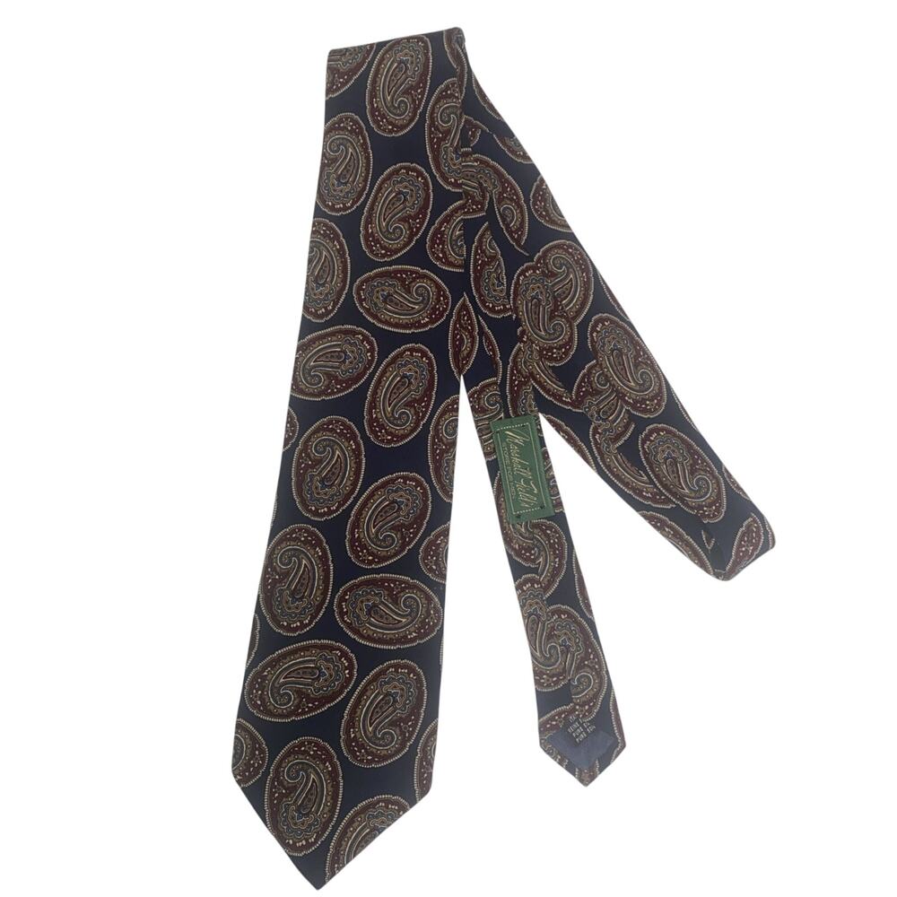 Marshall Fields Vintage Pure Silk Navy Paisley Tie Made In The USA 58”x3.5”